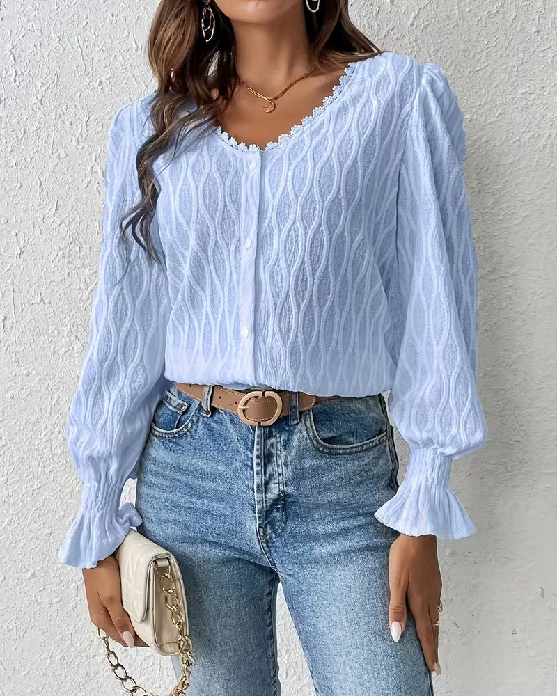 Elegant Jacquard Ruffle Sleeve Blouse