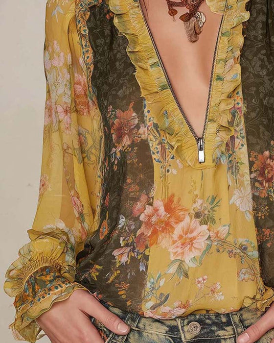 Half-Zip Floral Print Blouse