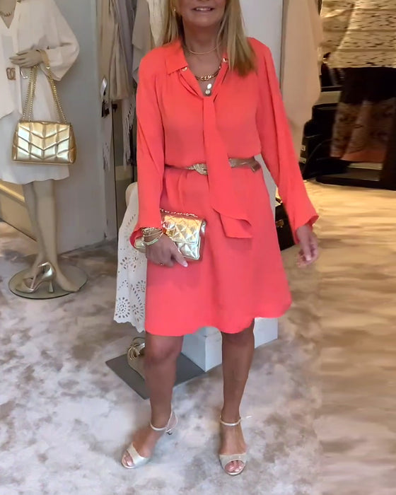 Lapel solid color ribbon dress