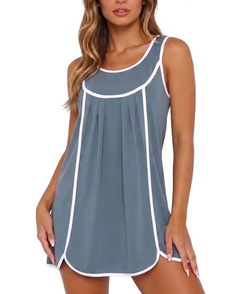 White-Trimmed Color-Blocked Sleeveless Dress