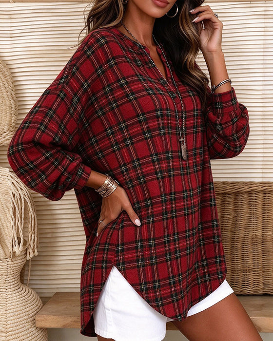 V-Neck Plaid Long Sleeve Top