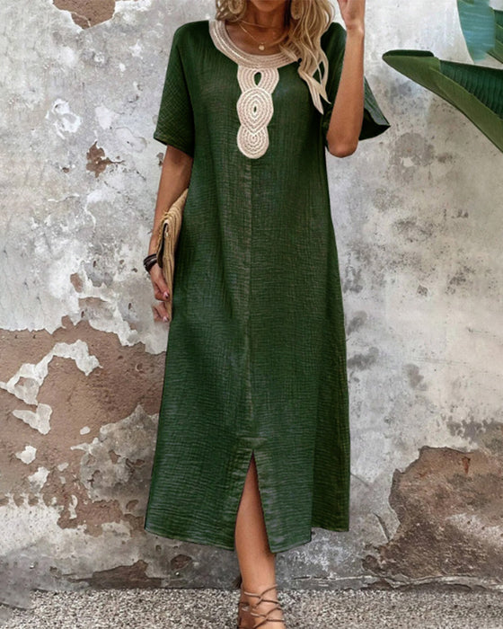 Solid color round neck slit dress