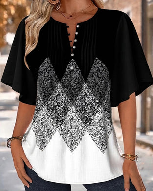 Diamond Grid Gradient Print V-Neck T-Shirt