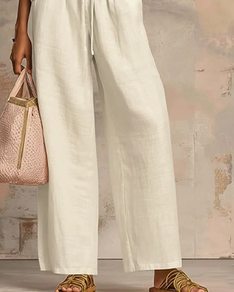 Zipper Crewneck Top Wide Leg Pants Two-Piece Sets