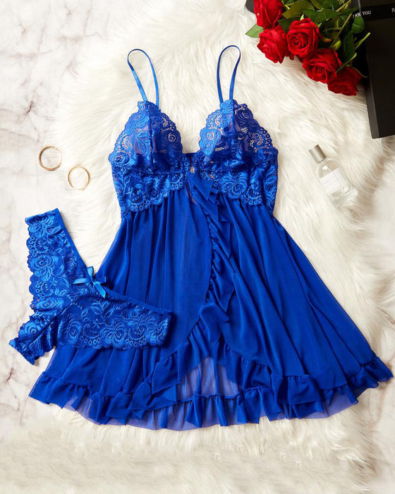 Ladies' Sexy Ruffle Trim Lace Cami Nightdress & Bow Decor Panty Set