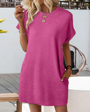 Round Neck Pocket Solid Color Dress