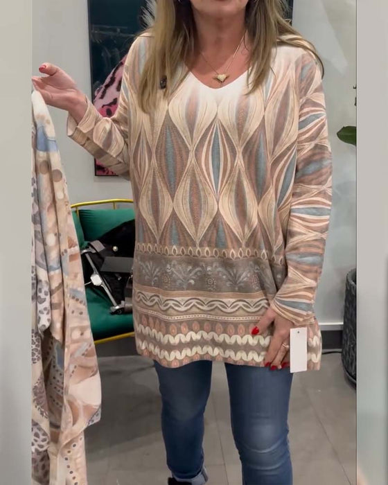 Geometric Diamond Print Long-Sleeved V-Neck Top