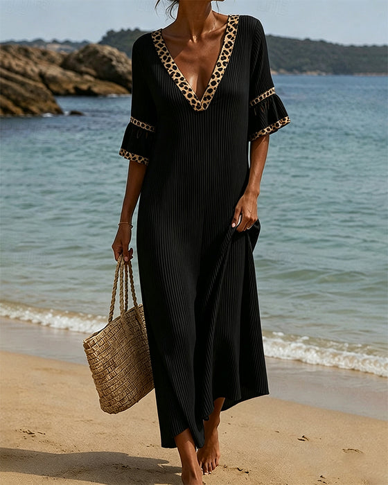 V-Neck Ruffle Leopard Patchwork Dress