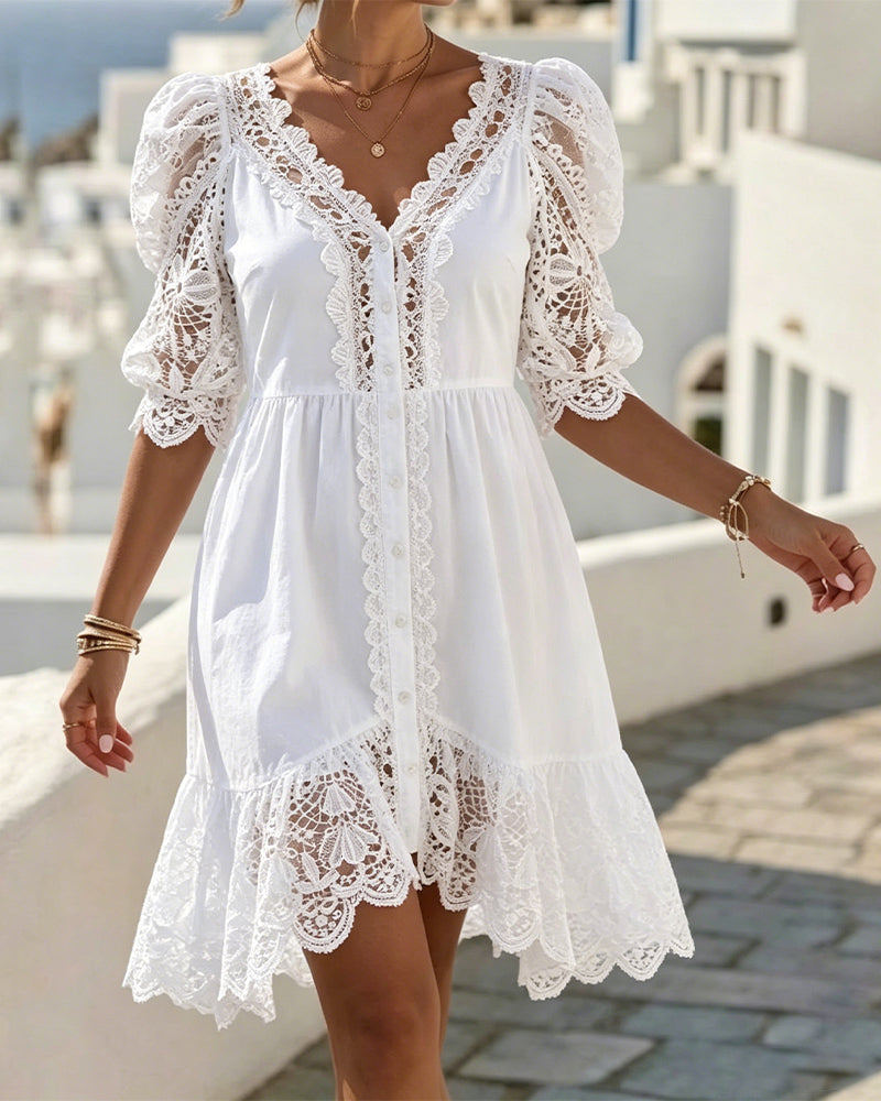 Puff Sleeve Lace Short White Dress
