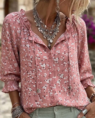 V-Neck Floral Strappy Ruffle Sleeve Blouse