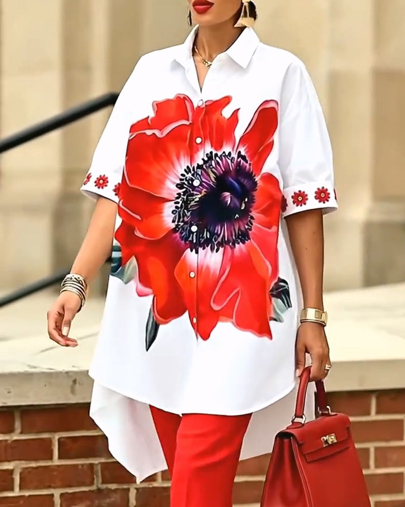 Large Flower Print Puff Sleeve Shirt