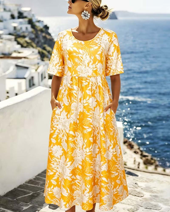 Floral Short Sleeve Pocket A-Line Dress