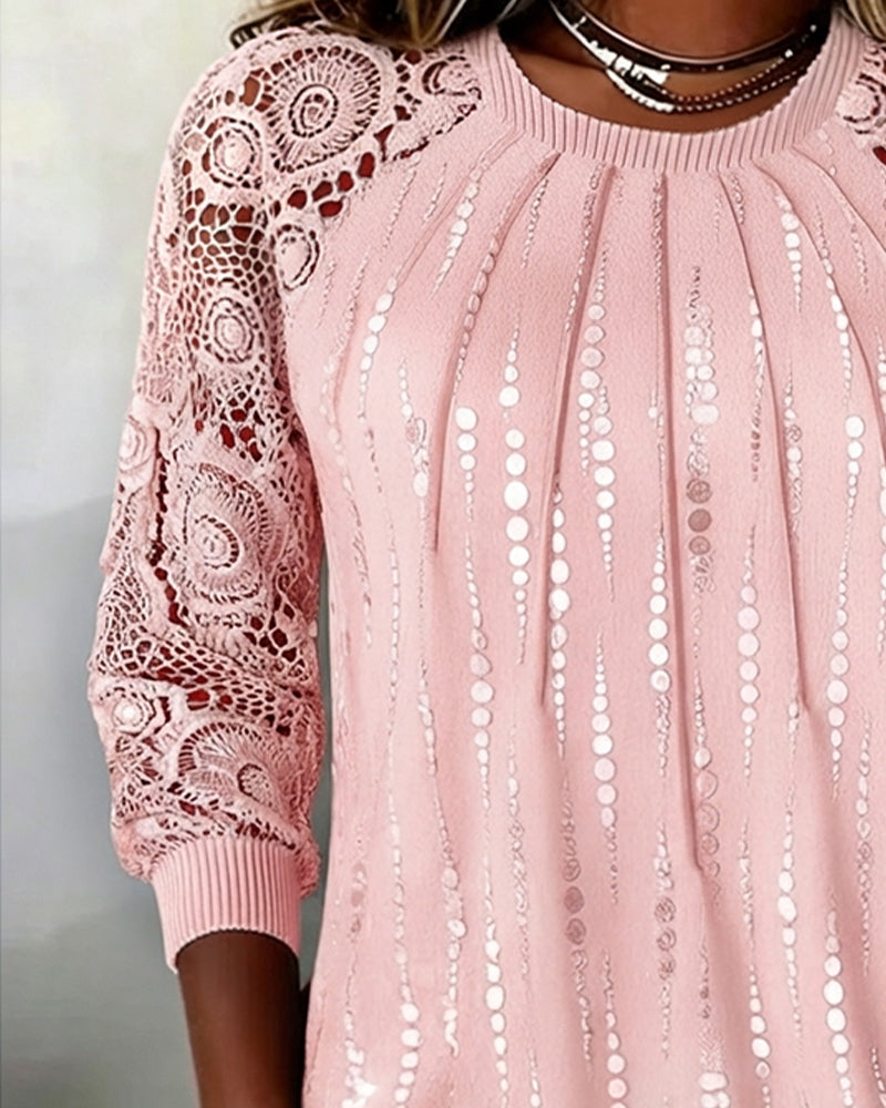 Round Neck Shirred Lace Polka Dot Top