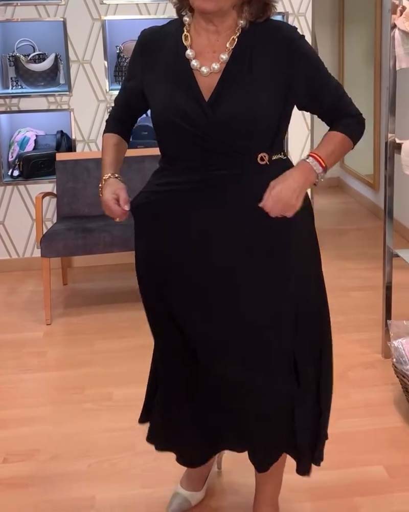 V-Neck Fitted Waist Slit Dress