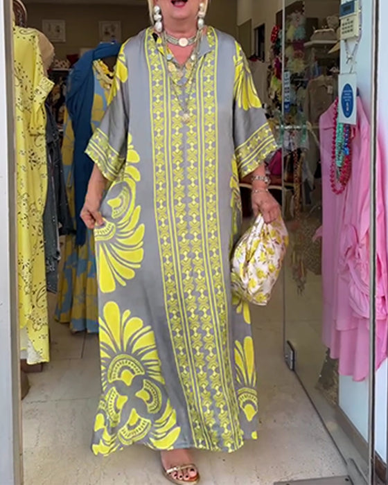 Half Sleeve Print Long Robe Dress