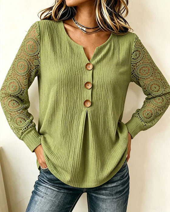 V-Neck Button-Down Long-Sleeved Blouse
