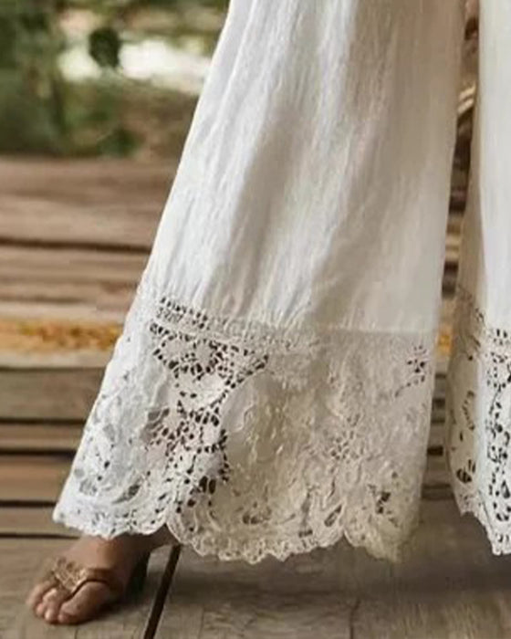 Elastic Waist Drawstring Lace Patchwork Wide Leg Pants