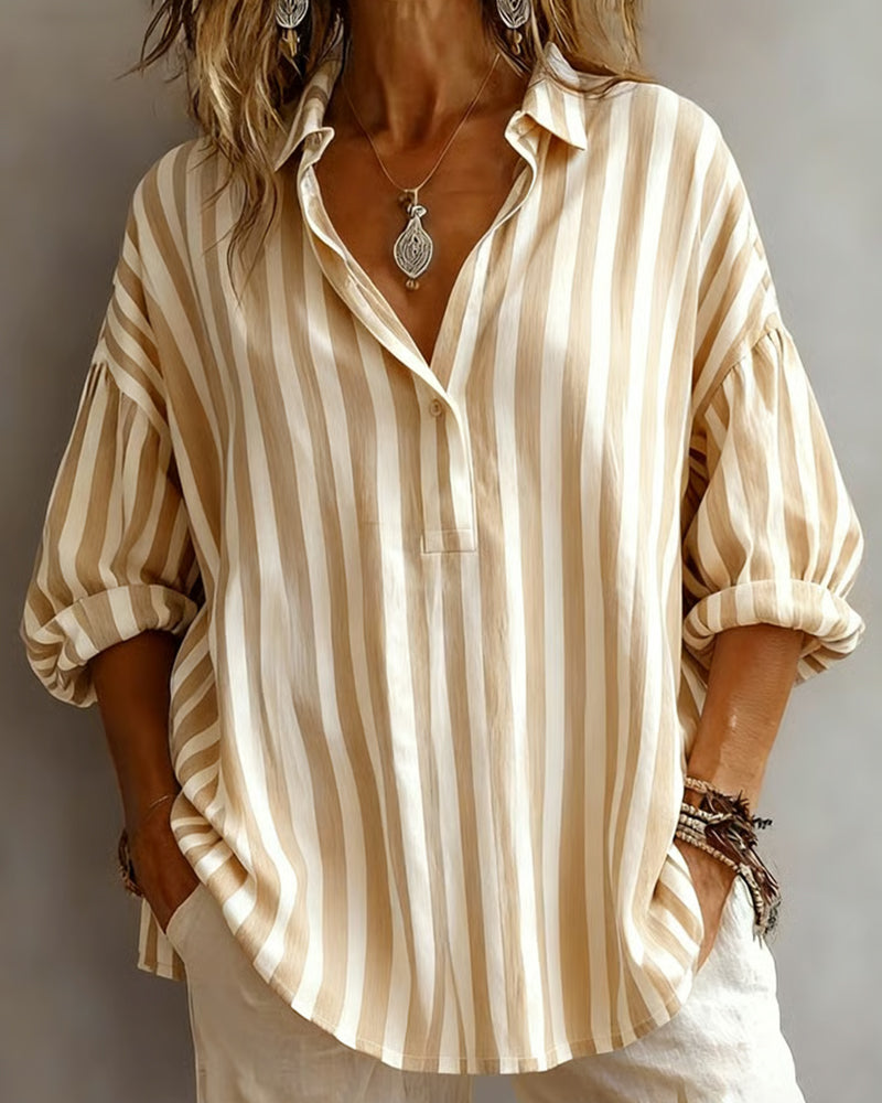 Striped Loose-Fitting Collared Blouse