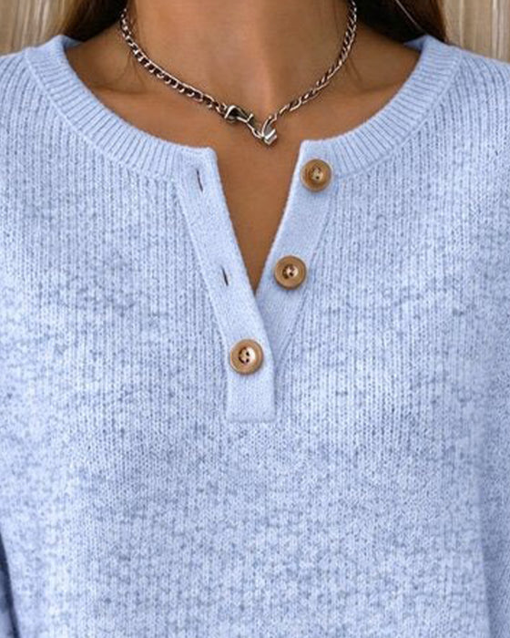 Round Neck Buttoned Striped Loose Sweatshirt