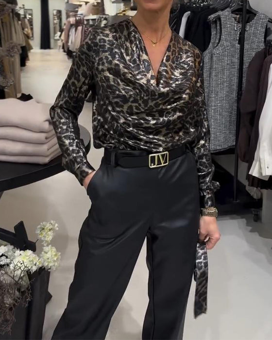 Stylish Leopard Print Shirt With Draped Collar