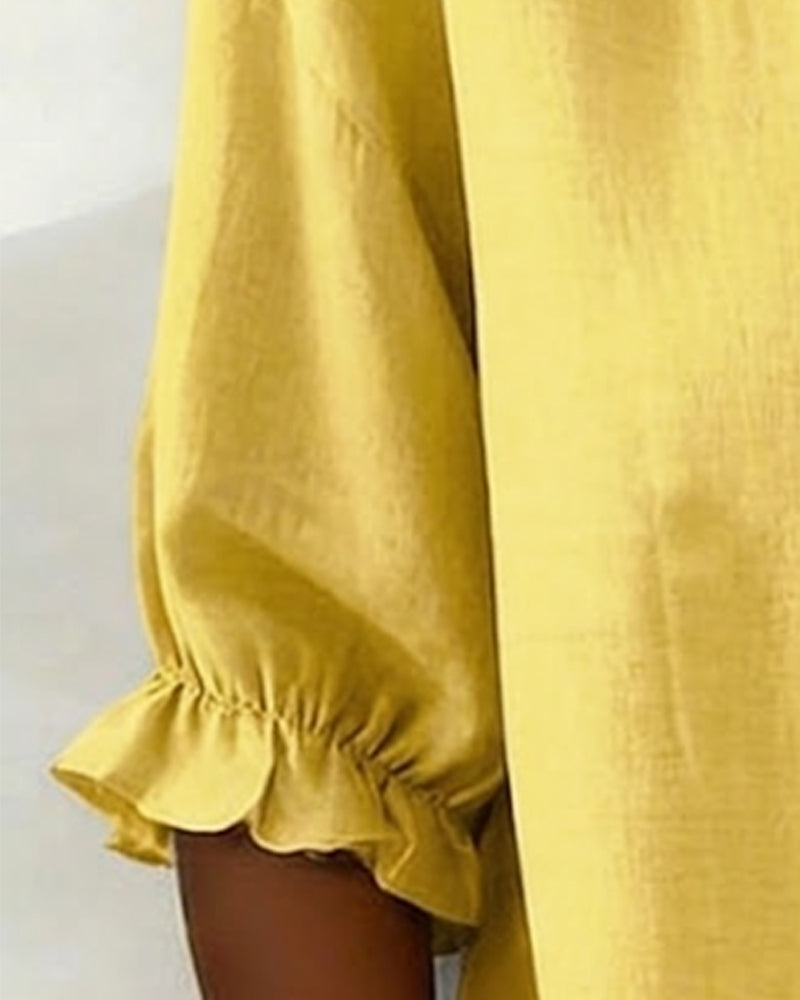 Peter Pan Collar Cotton Linen Ruffled Button-Front Shirt