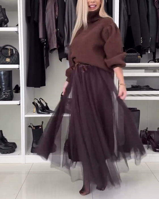 Casual solid color mesh lace-up pleated skirt