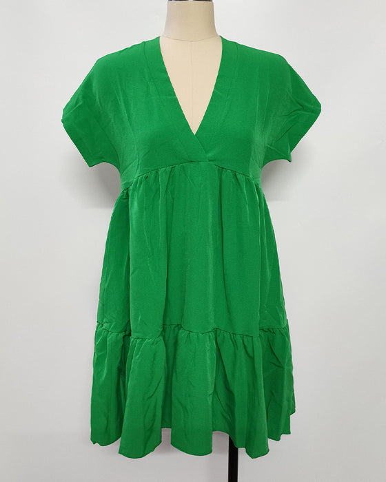 Solid V-Neck Ruffle-Trim Dress