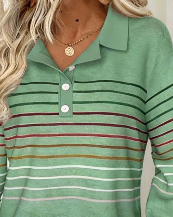 Polo Collar Long-Sleeved Striped Sweatshirt