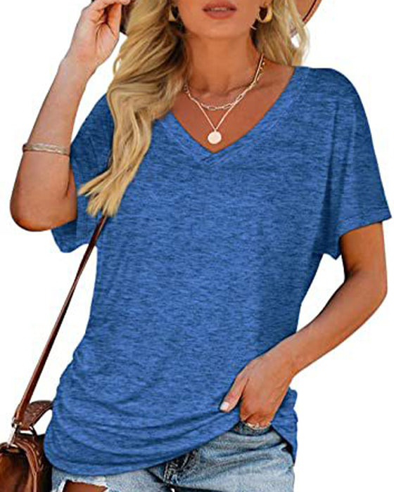 Pleated Solid Color V-Neck T-Shirt