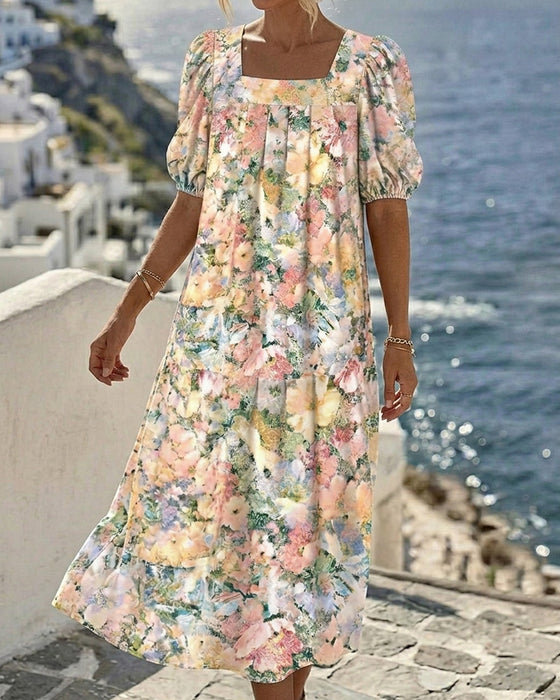 Printed Square Neck Bubble Sleeve Dress