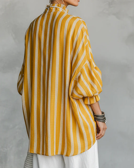 Stand Collar Lantern Sleeve Striped Blouse