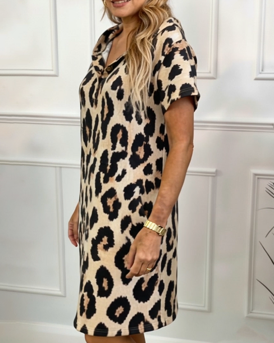 Printed Leopard Print Short-Sleeved Dress