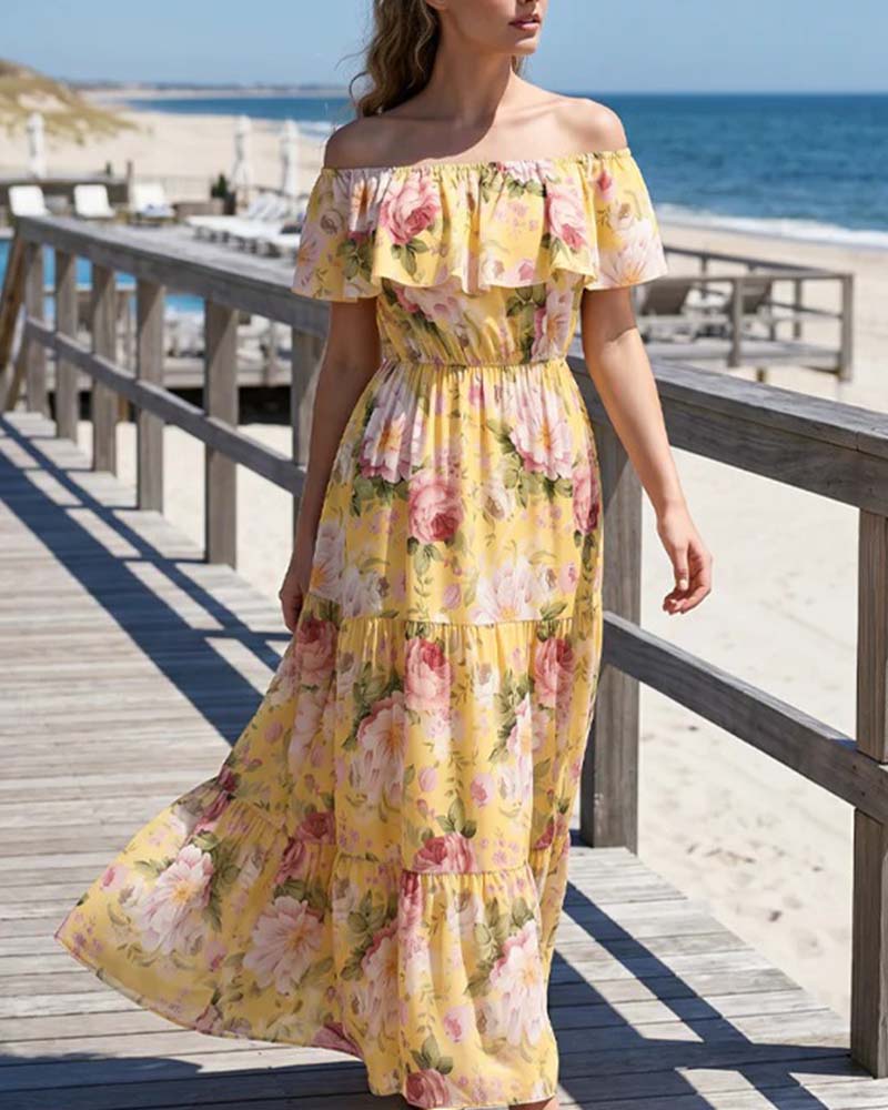 Off-the-Shoulder Floral Waist-Cinching Dress