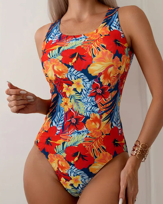 Round Neck Wide Strap Floral One-Piece Swimsuit