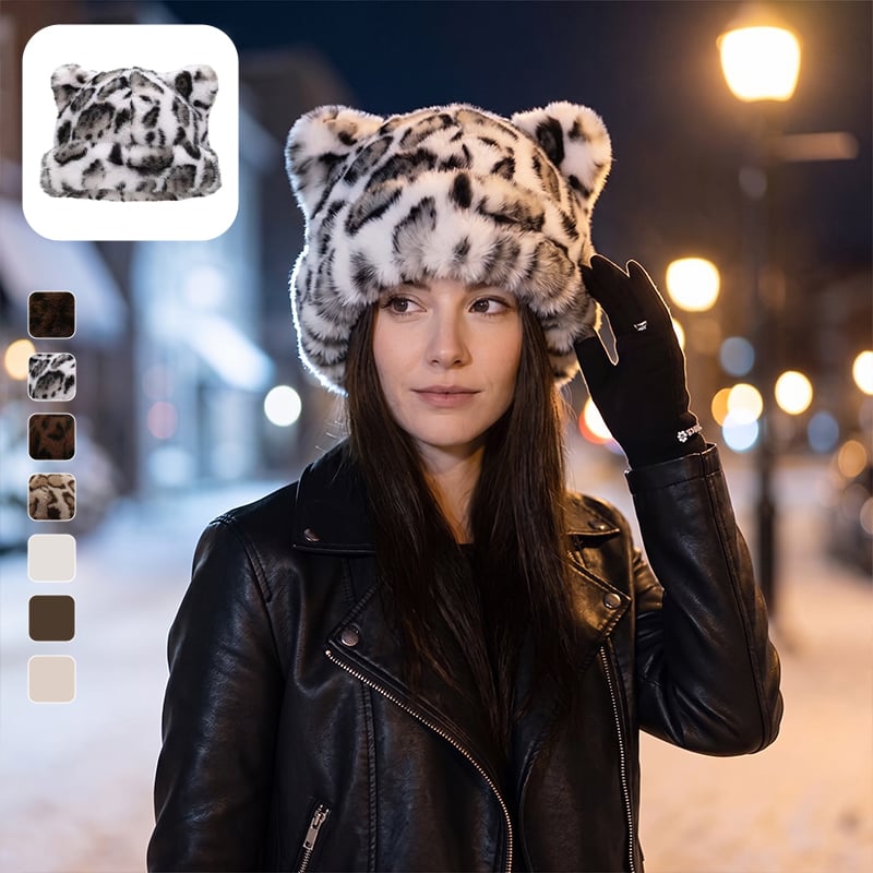 Leopard Print Plush Cat Ear Hat