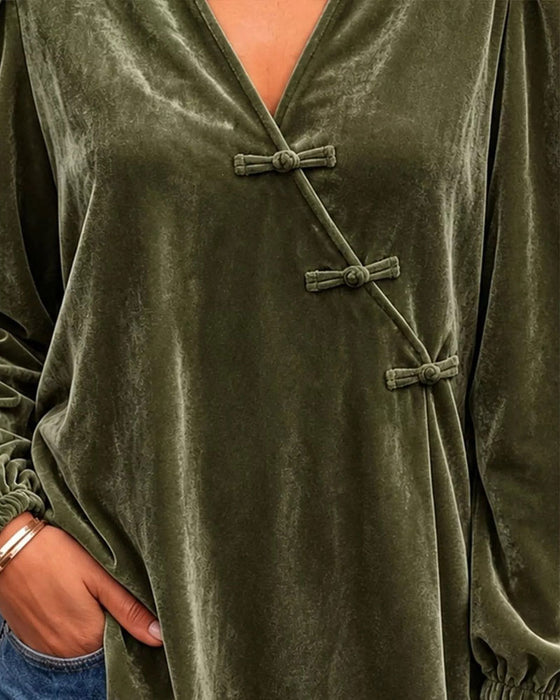 V-Neck Button Front Cross Over Puff Sleeve Blouse