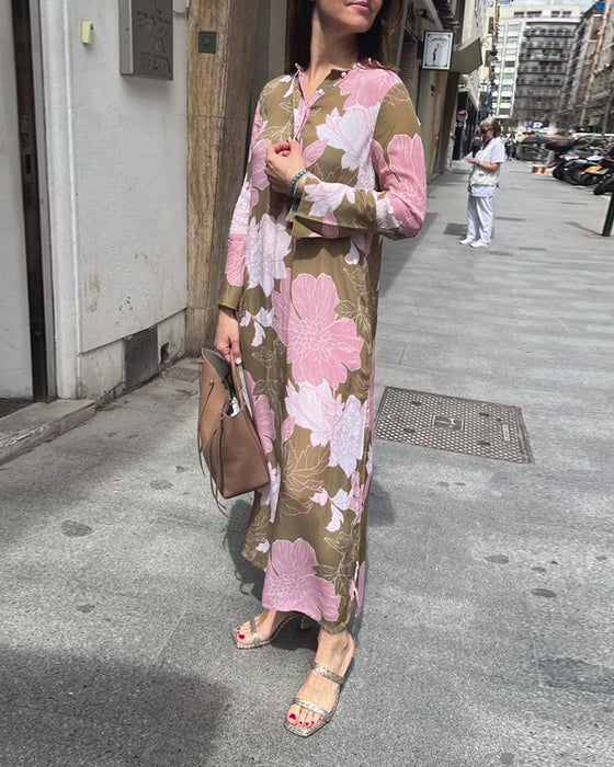 Casual floral print long sleeve slit maxi dress