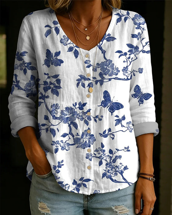 Butterfly And Floral Print Button-Down Blouse