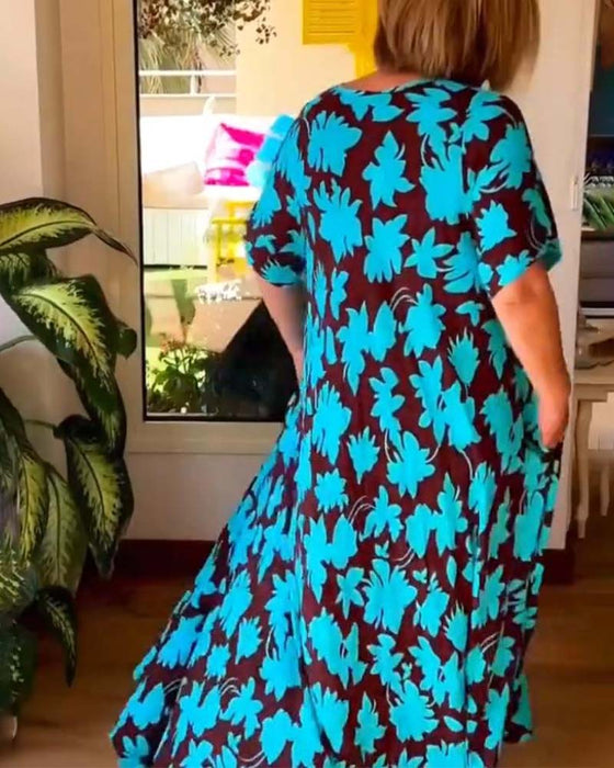 Floral print V-neck pocket loose dress