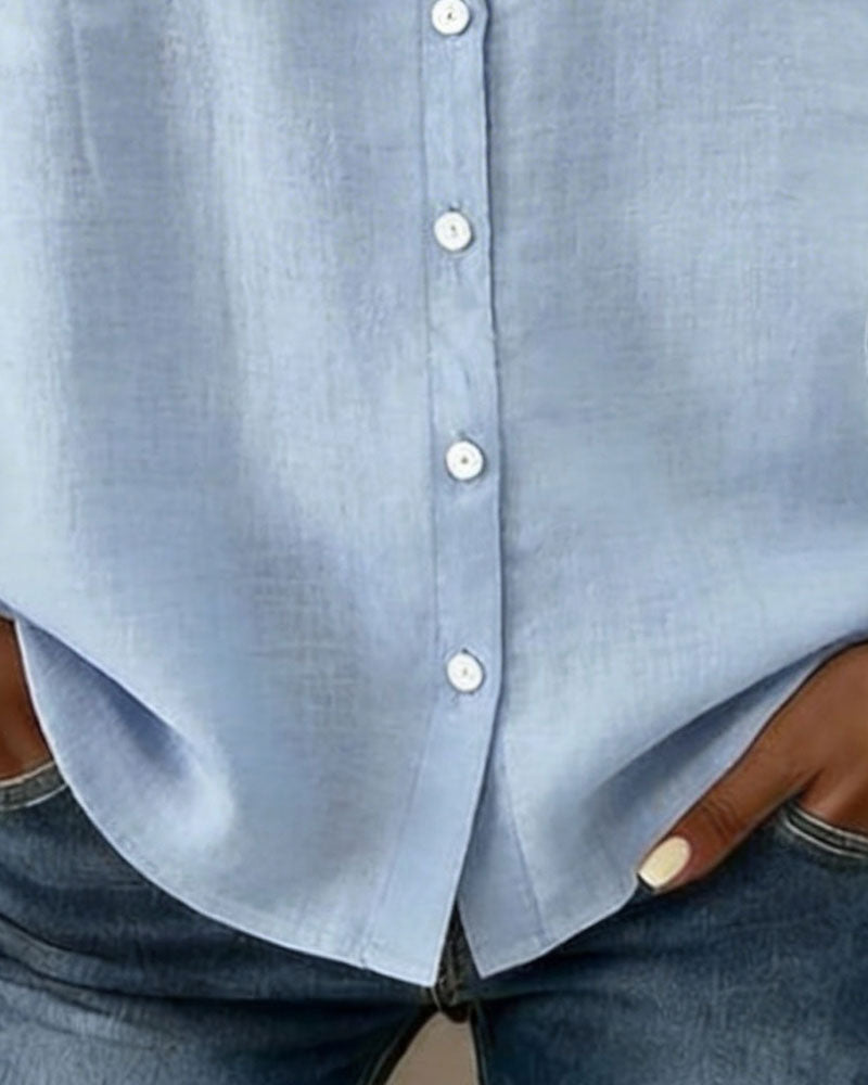 Peter Pan Collar Cotton Linen Ruffled Button-Front Shirt