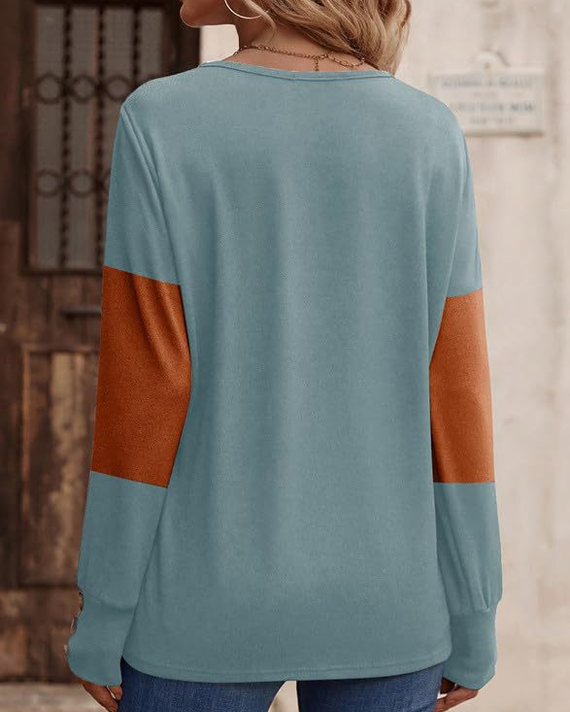 Women's Colorblock Print Button Decor Drop Shoulder Tee