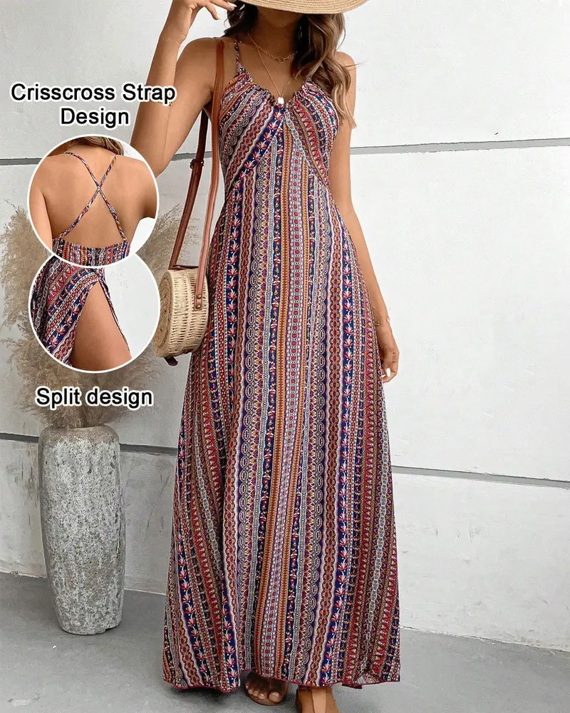 Spaghetti Strap Print Beach Slit Dress