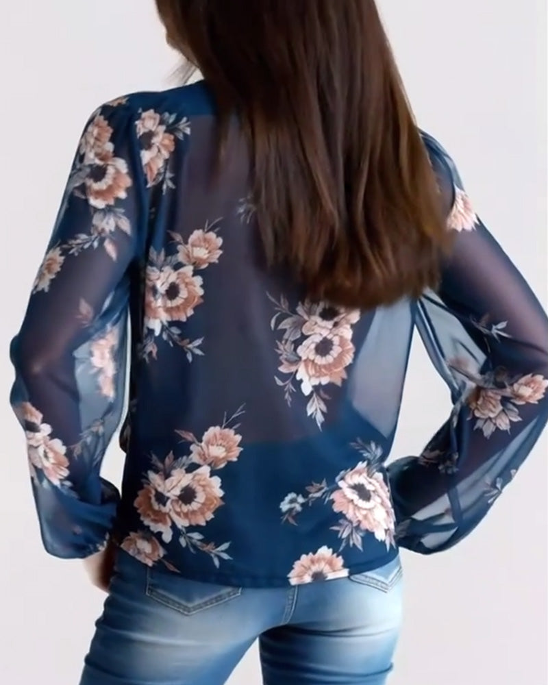 Fashionable Printed V-Neck Long-Sleeved Blouse