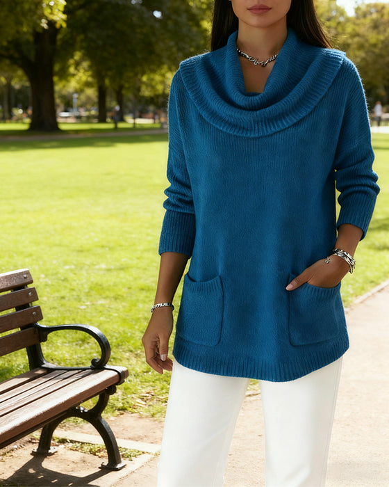 Cozy Loose Cowl Neck Knit Pocket Sweater Top