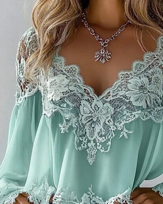 V-Neck Patchwork Loose Long-Sleeved Blouse