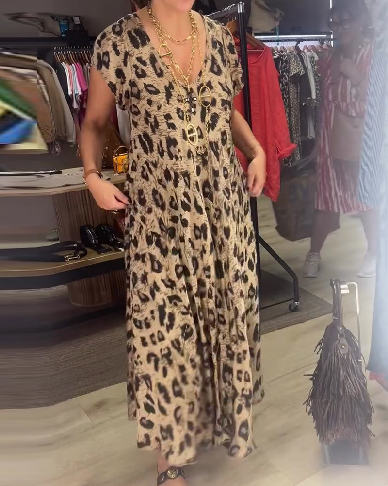 V-Neck Leopard Short Sleeve Dress