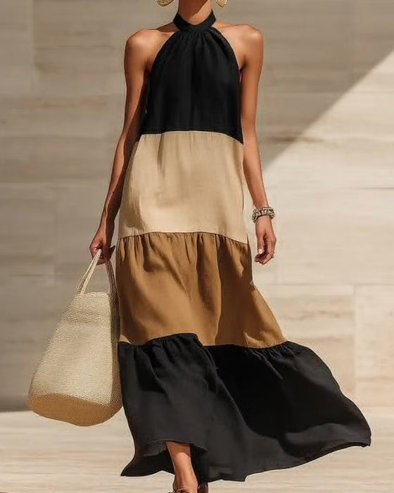 Halter Off-Shoulder Patchwork Colorblock Dresses