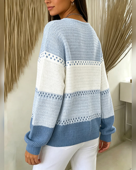 Color Block Waffle Knit Henley Pullover Sweatshirt