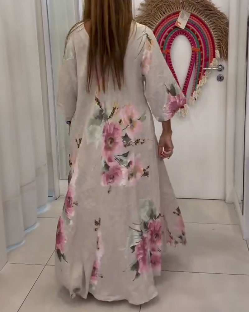 Loose V-Neck Printed Long Dress