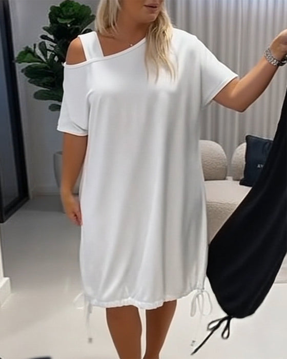 Solid Color Off-Shoulder Drawstring Casual Dress